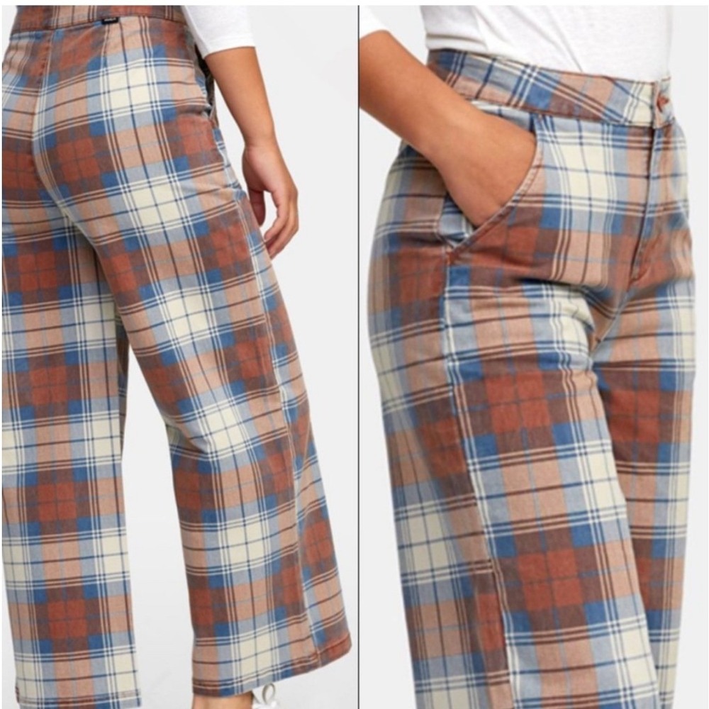 RVCA Womens Niku Plaid Wide Leg High Rise Cropped Pants Rust Blue Size 29 - Picture 9 of 14